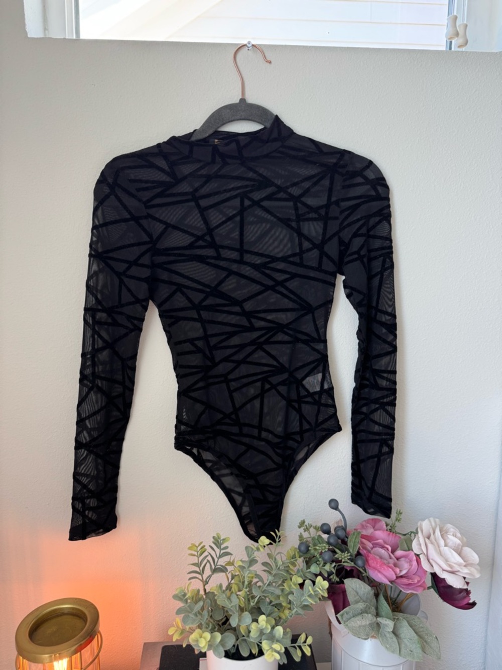 Black Long-Sleeve Mesh Bodysuit